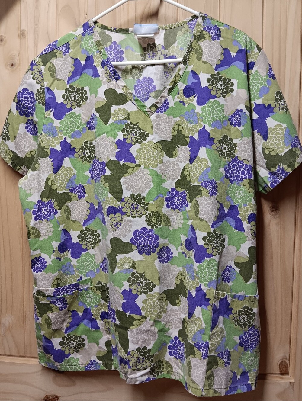SB Scrubs Green and Purple Floral Print Scrub Top